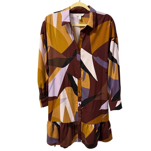 Nine West Abstract Print Button-Down Dress With Ruffle Hem 3/4 Sleeves Sz M dres - Picture 3 of 12